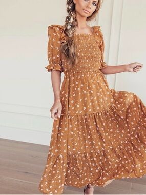 Jessakae Smocked Ruffle Sleeve Maxi Dress in Mustard Floral